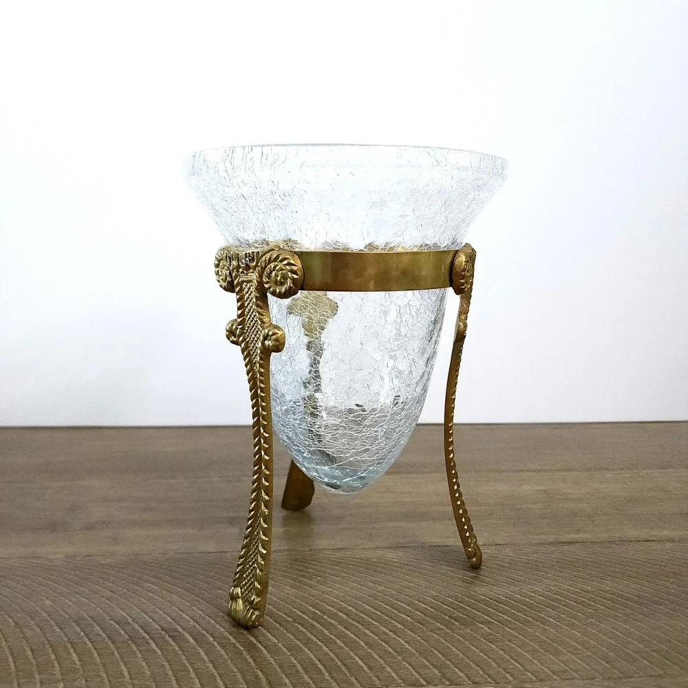 Vintage Crackled Glass Bowl with Decorative Brass‎ Stand